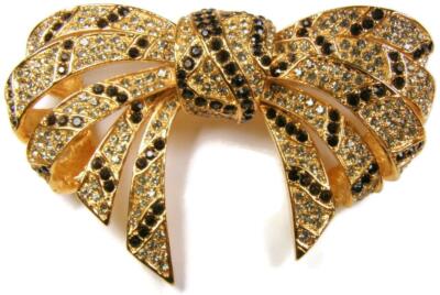 Ciner Swarovski Black & Clear Rhinestone Encrusted Large 3 3/8'' Bow Pin Brooch