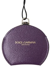DOLCE & GABBANA Hand Mirror Holder Purple Calfskin Leather Round Logo RRP 170usd