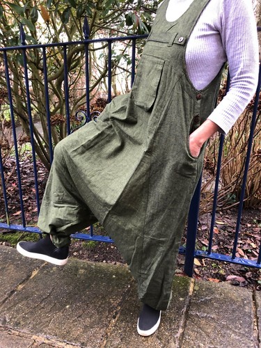 Unisex Plain Hemp Cotton Drop Crotch Harem Dungarees Festival Overalls Jumpsuit - Picture 3 of 9