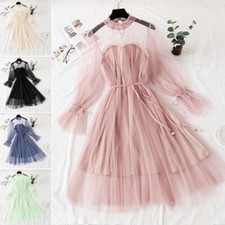 Women's Mesh Midi Dresses Ruffle Sheer Long Flared Sleeve Beaded Fairy Sweet