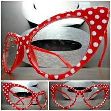 VINTAGE 50s RETRO CAT EYE Style Clear Lens EYE GLASSES Red White Polka Dot Frame