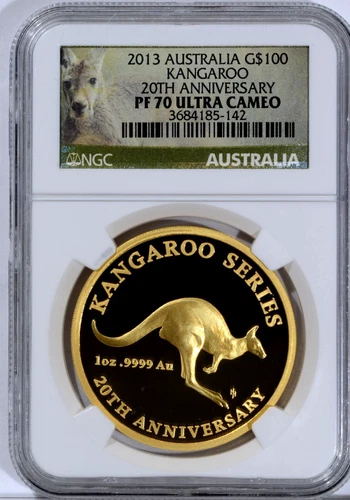 2013 Australia $100 Kangaroo 20th Anniversary 1 oz Gold NGC PF70 Only 500 Made