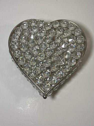 Rhinestone Heart Shaped Wired Mirrored Trinket Box 6.25 Inch - Picture 3 of 15