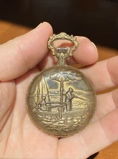 Arnex 17 jewel pocket watch incabloc swiss made Fishing Scene Rowboat Fishermen