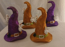 Halloween Decor Witch Hat Set of 4 Light Up Glitter Purple And Gold