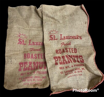 2 Vintage 4lbs St Laurent's Fresh Roasted Peanuts Empty Burlap sack bag 19 + 18''