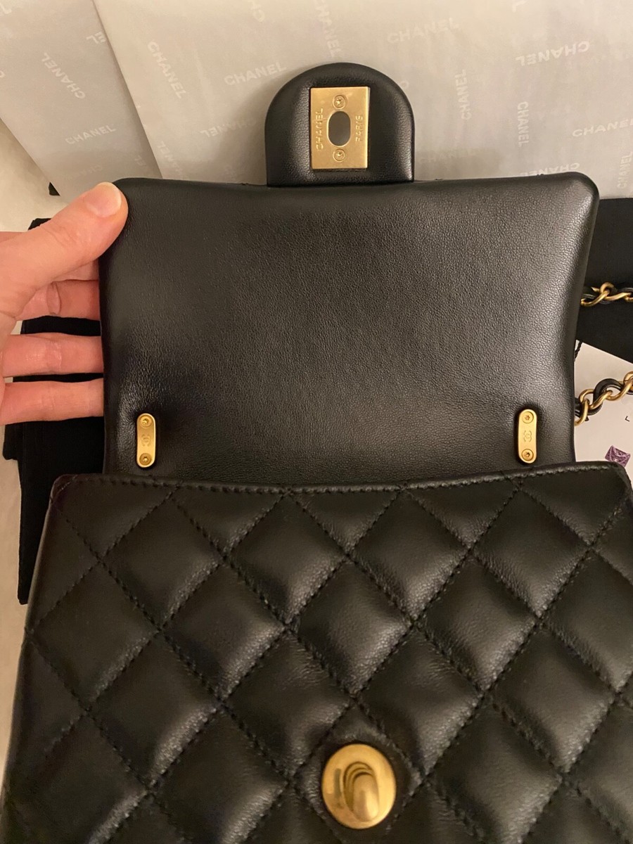 Chanel Black Square Mini Flap Bag Top Handle Pearl Chain Strap 24P
