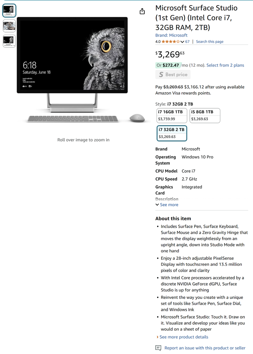 Microsoft Surface Studio 28” 1st Gen Intel Core i7 32 GB RAM 2TB