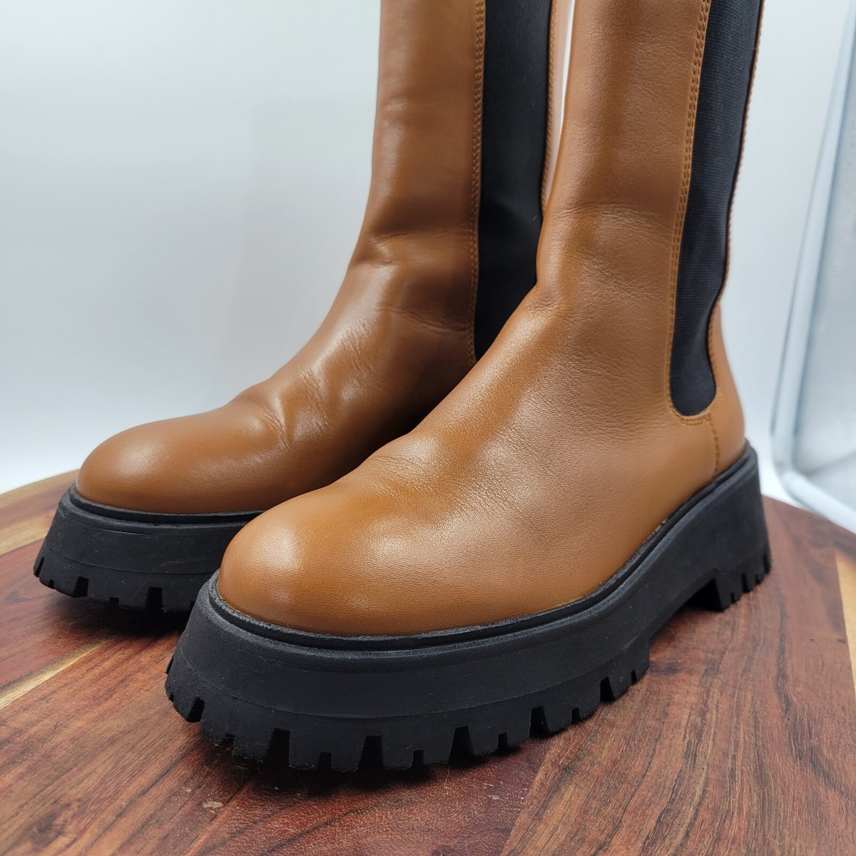 Zara Platform Chelsea Boots Women 39 / 8 Brown Black Leather