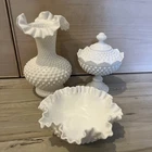 Lot Of 3 Vintage Fenton Milk Glass Hobnail & Pineapple Ruffled, Vase, Candy Dish