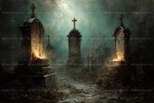 CEMETERY ART PRINT, Gothic Ghost Graveyard Wall Decor, Fantasy Halloween Poster