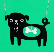Whimsical Acrylic Pug Dog Necklace with Bone in Belly Pendant Silver Tone