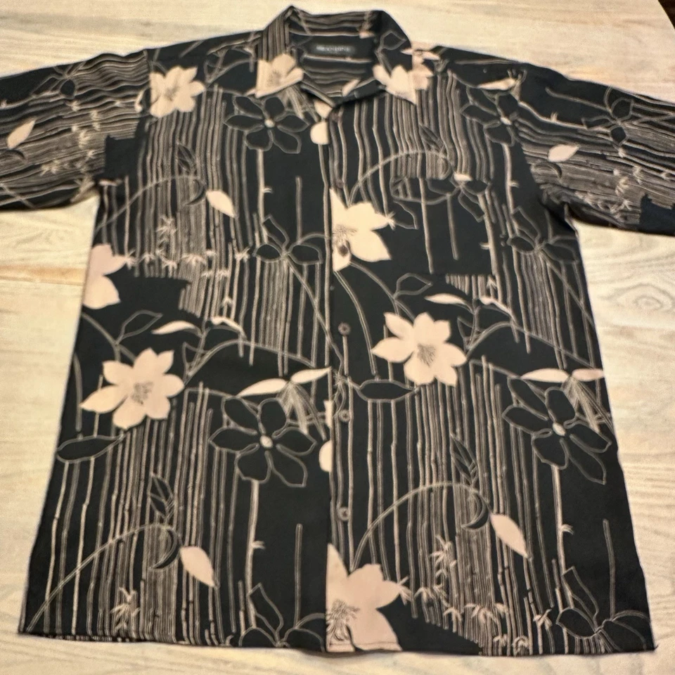 Brandini 100% Silk Hawaiian Button Up Shirt Mens XL Black Beige Bamboo Floral SS - Image 2 of 4
