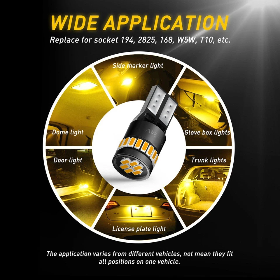 2x T10 168 194 2825 LED Luz de matrícula Marcador lateral Bombilla Canbus Ámbar Foto 3 de 4