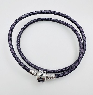 PANDORA 925 Sterling Silver Braided Leather Double Wrap Bracelet