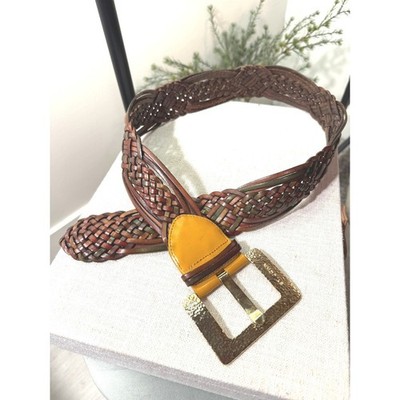 St John italian woven leather vintage wide hammered brass buckle EUC M/L natural