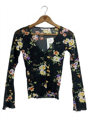 Mango Damen Langarmshirt Blumenmuster Mesh Schwarz Gr. M 38