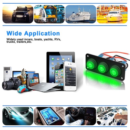 3 Gang Toggle Rocker Switch Panel Green LED Breaker Waterproof Widely Fits fo... - Picture 4 of 7