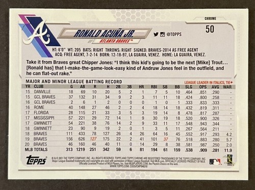 2021 Topps Chrome #50 Ronald Acuna Jr. - Picture 2 of 2