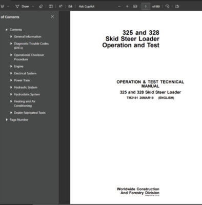   325, 328 John Deere Skid Steer Manual Operation and Test TM2191 PDF USB