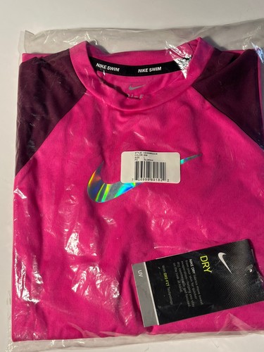 Nike Big Girls Flash Colorblocked Hydroguard Rash Guard-Laser Fuchsia Sz Large - Picture 2 of 4