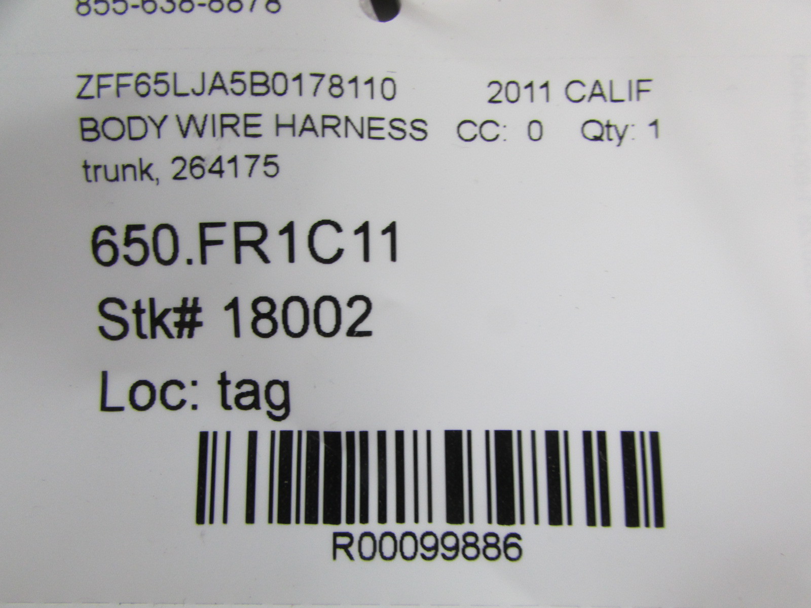 Ferrari California, Trunk Wire Harness, Used, P/N 264175