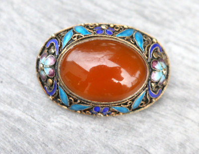 Vintage Chinese Export Silver Vermeil CARNELIAN Filigree Enamel Pin Brooch 11.6g