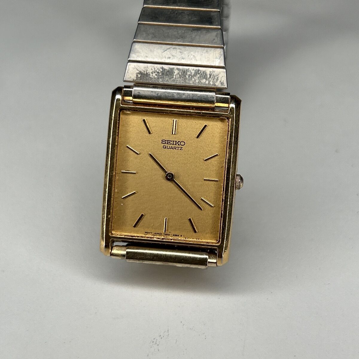 Seiko Tank Watch Men Quartz Gold Dial Gold Tone Leather B Seiko Tank Watch Men Quartz Gold Dial Gold Tone Leather B