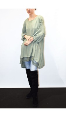 Übergröße Loose Fit Twill Baumwolle Top/ Kleid mit Spitzensaum