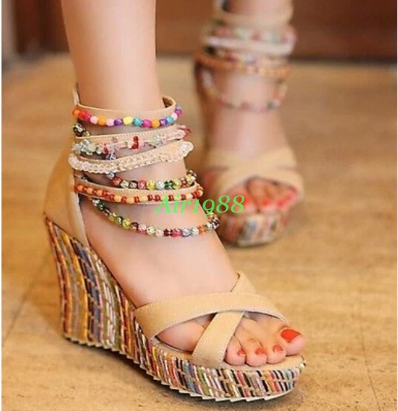 2019 Glitter Beads Girls Wedge Heels Platform Ankle Strap Sandals Womens  Shoes