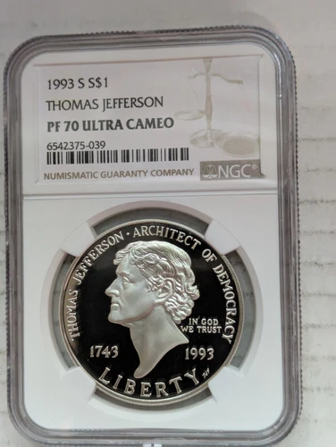 1993-S Thomas Jefferson 90% Silver Dollar NGC PR70 DCAM $1 San Francisco Top Pop