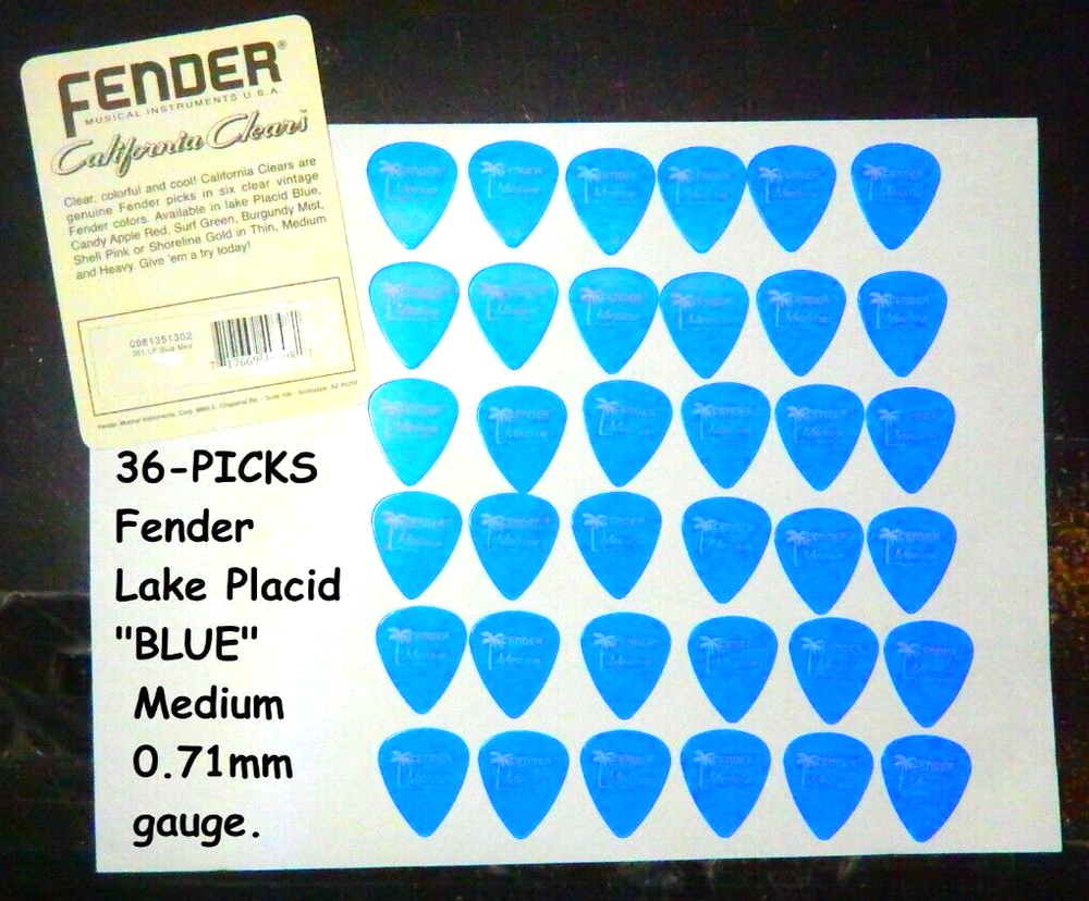 36 Medium Fender Guitar Picks in Clear Lake Placid Blue California Style  