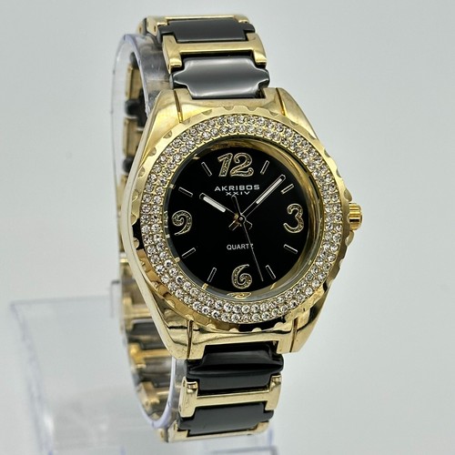 Unisex AKRIBOS XXIV Gold Tone & Black Ceramic Crystal Accent Watch, AK514YG - Picture 2 of 7