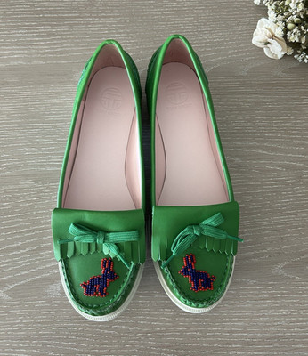 Tory Sport Beaded Rabbit Golf Loafer, Green/White Leather Slip-On, Women's 8.5M