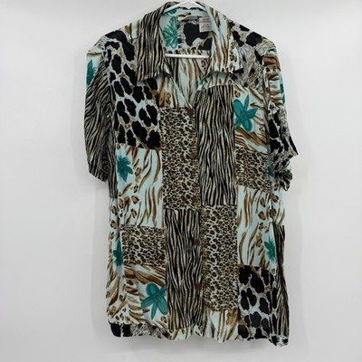 White Stag Top Women 16W Blue Animal Print Patchwork ButtonUp Short Sleeve Gauzy