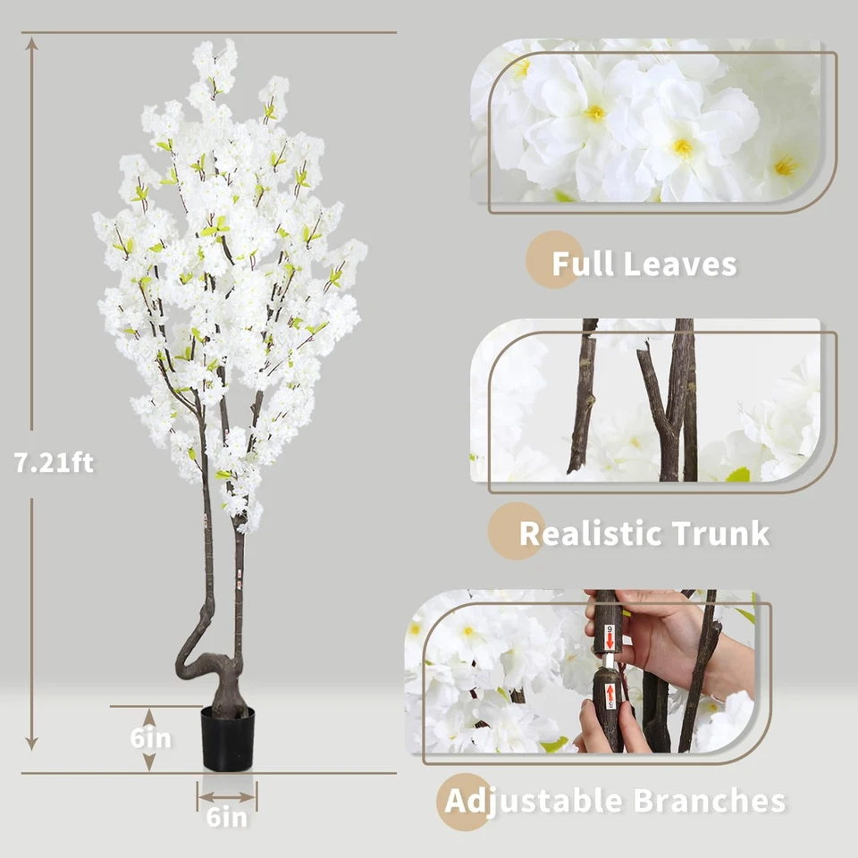 Árbol de cerezo artificial blanco de 7,2 pies para decoración del hogar, casi natural fau... Foto 2 de 4