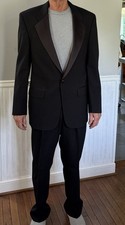 Halston Black One-Button Tuxedo Suit Set Satin Peak Lapel Jacket  Pants