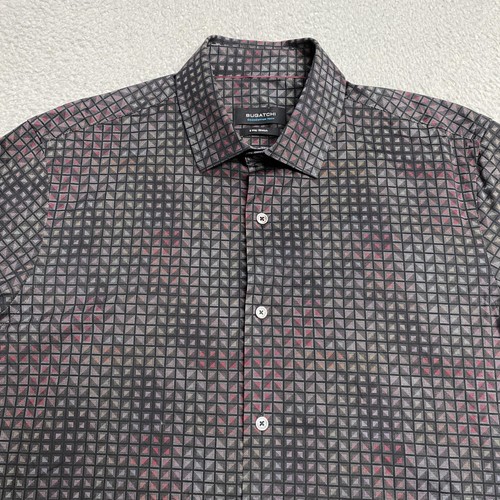 Bugatchi Shirt Mens Large Black Maroon Button Up OoohCotton Tech 8 Way Stretch - Picture 2 of 12