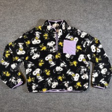 Peanuts Snoopy Woodstock Womens Quarter Zip Print Black Fleece Sweater L
