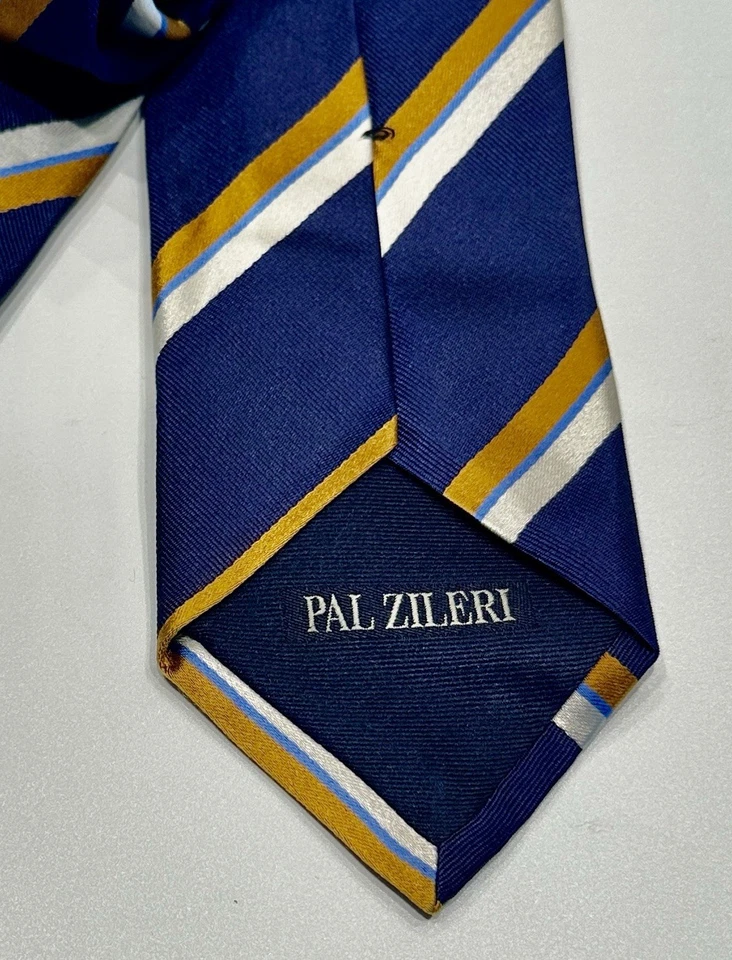 "Corbata de lujo 100 % seda para hombre PAL ZILERI azul marino con rayas doradas y blancas 3""" Foto 2 de 4