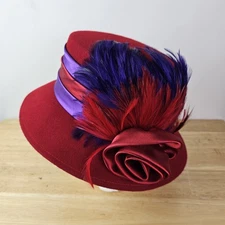 100% Wool Red Purple Feather Satin Wide Band Rose Hat Derby Red Hat Society