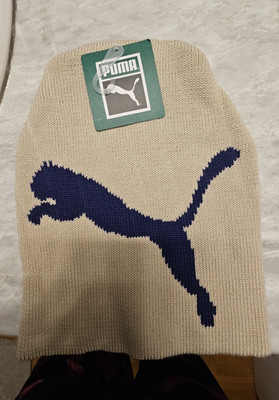 PUMA Unisex Knit Beanie Hat Beige/Blue Logo Pattern One Size