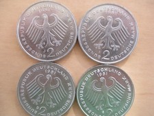 4 M&uuml;nzen 2 DM Deutsche Mark Theodor Heuss 1981 komplett