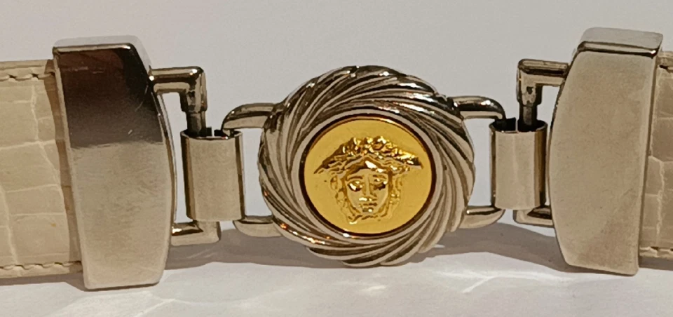 Avanti Medusa Cinturón Conchos Cinturón Dorado y Plateado Croc Crema Paciente Talla 32 Foto 3 de 4