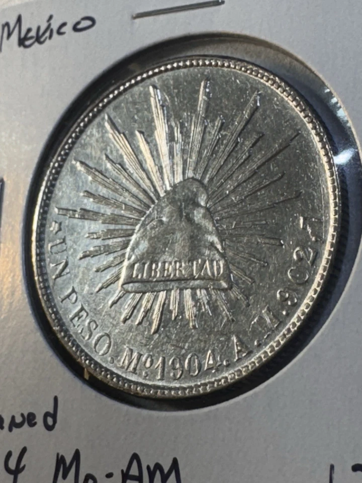 Moneda de plata grande de 1 peso de México 1904 Mo-AM limpiada Foto 3 de 4