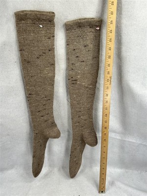 antique long stockings wool hand knit beige feet 11 in  20 in long original 1800