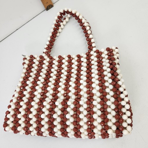 Vintage Acrylic Beaded Brown & White Stripe Hand Bag Zip Purse Made In Hong Kong - Picture 3 of 12