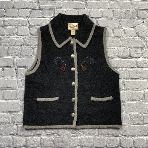 VTG Woolrich Sweater Womens Medium Gray Button Cardigan Vest Wool Flowers Granny