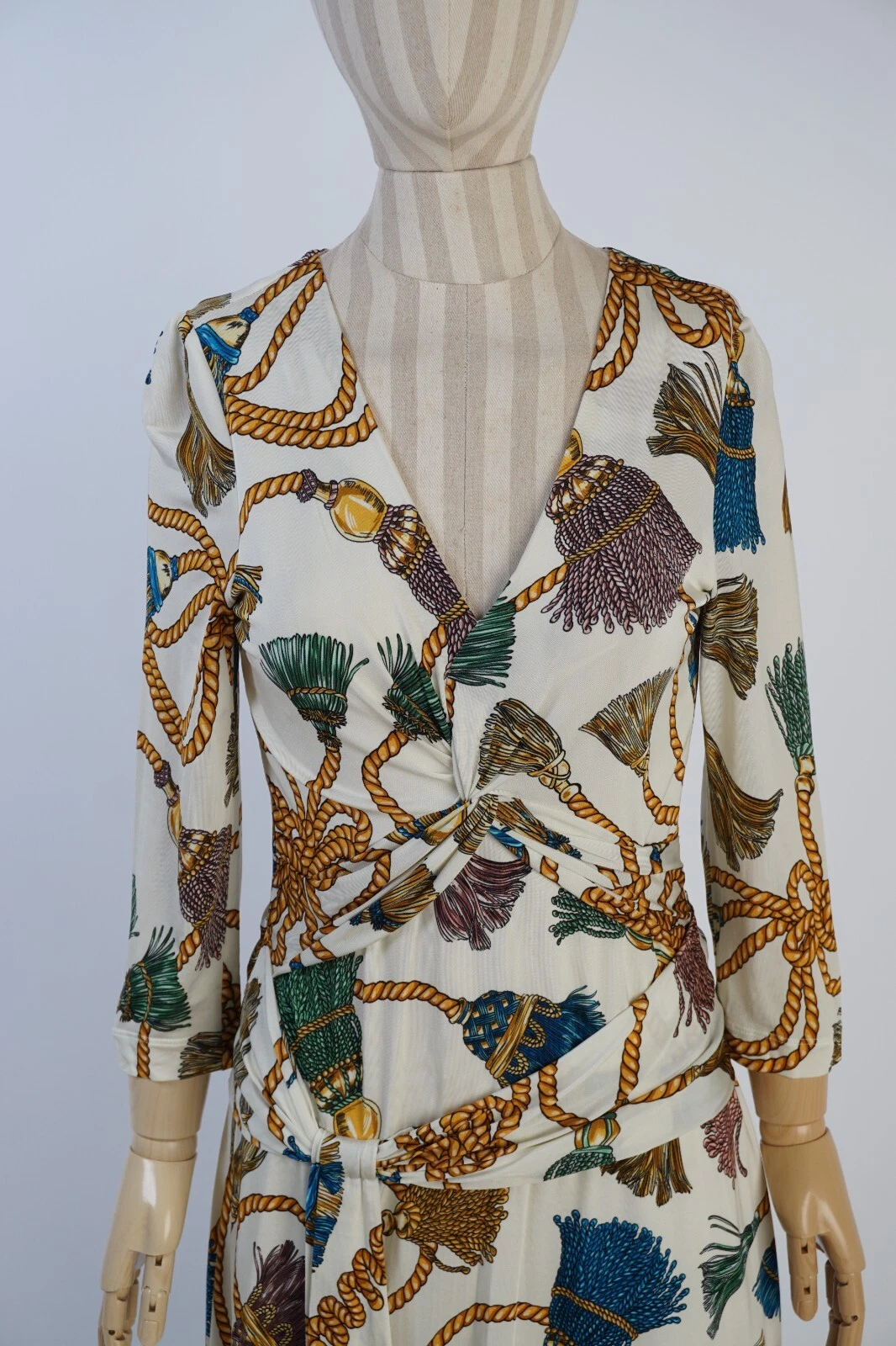 RARO Abito Moschino Couture Stampa Corda Cintura Bianco AUTENTICO TG 42 Scollo a V