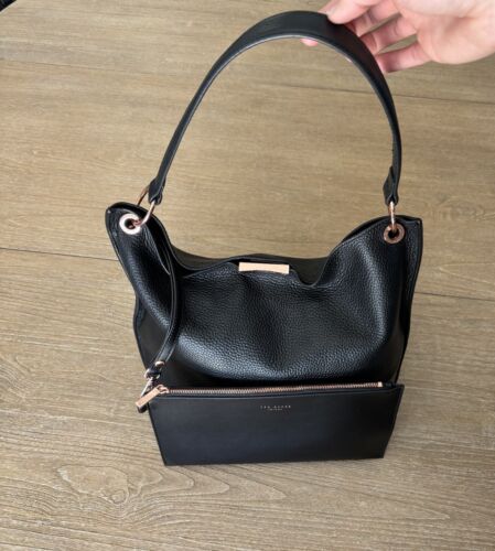 TED BAKER Shoulder Hobo Bag Candiee Tote & Zip Pouch Detachable Black Leather - Picture 2 of 18